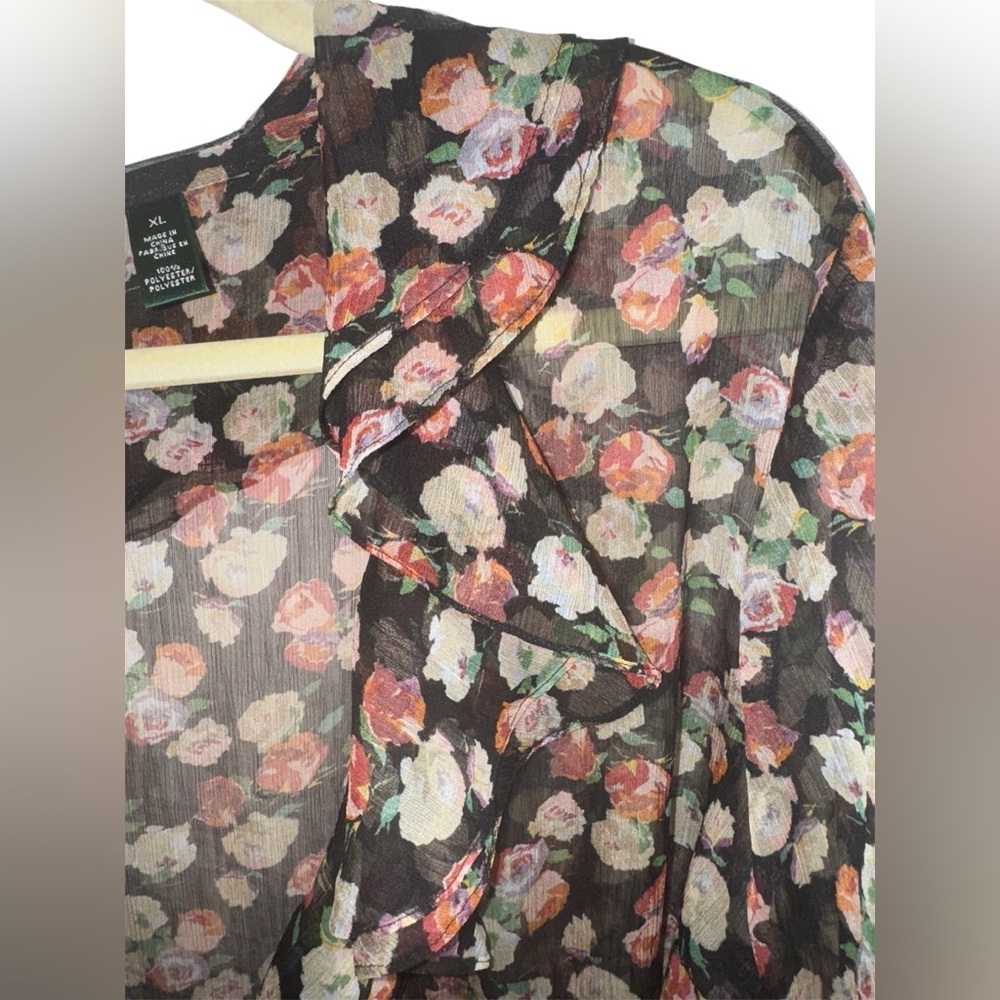 Lauren Ralph Lauren Sheer Floral Ruffle Blouse XL – Romantic Black Rose Print - Picture 4 of 9